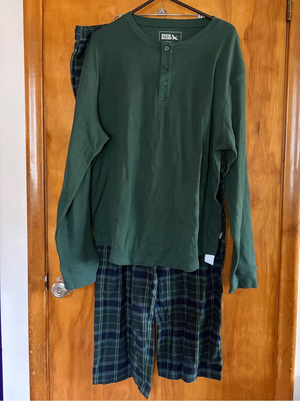 Eddie Bauer Men’s PJ set in forest green and blue plaid